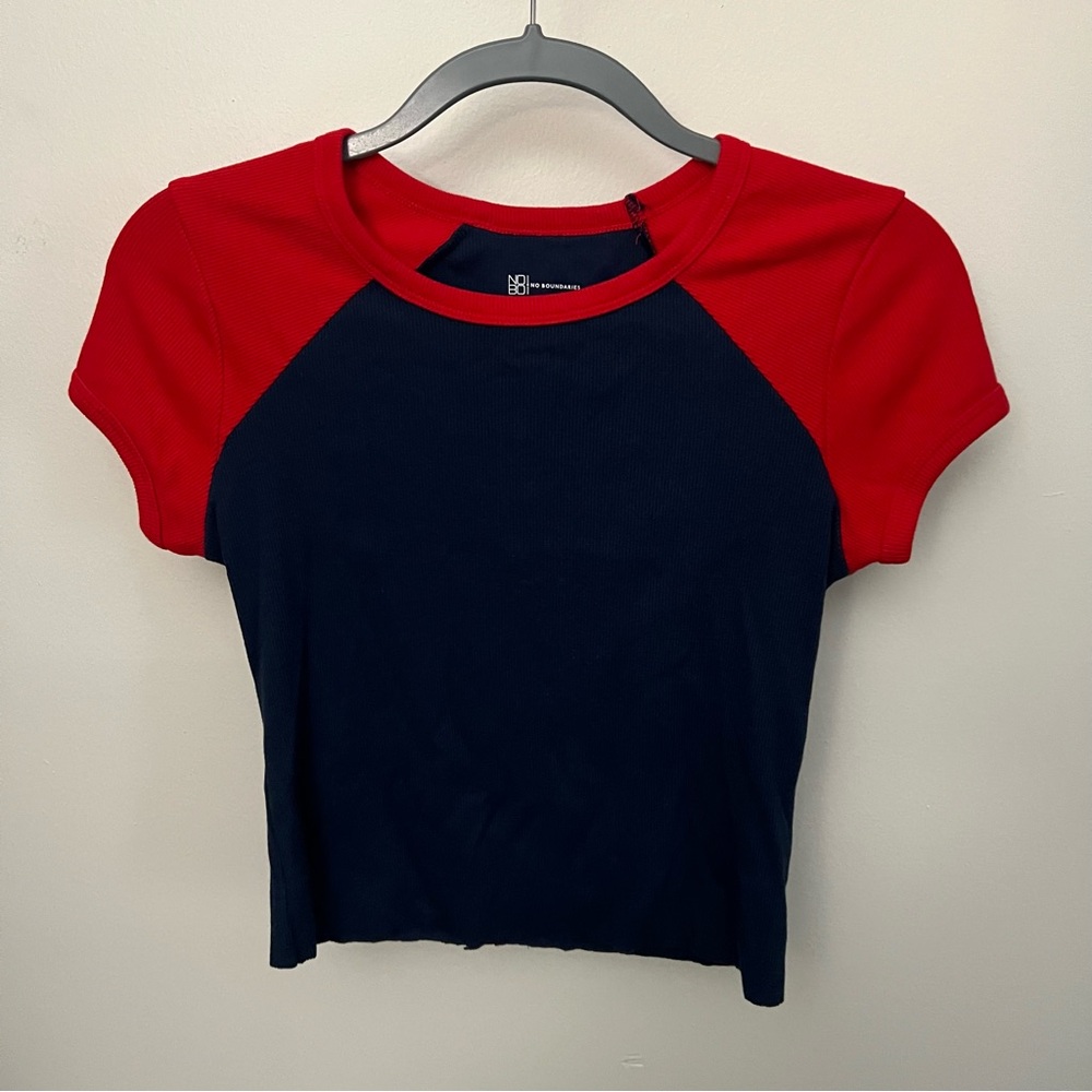 Cropped Red and Blue Short Sleeve Shirt